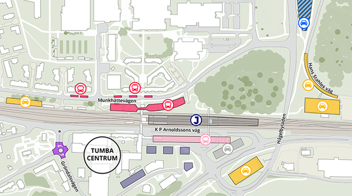 En kartskiss som visar var ordinarie bussterminal, ersättningsteminal och infartsparkeringar finns.